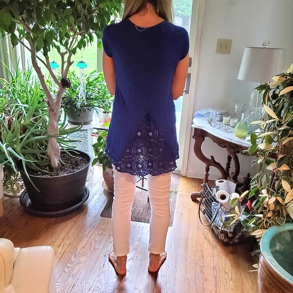 🍒Anthropologie Lace Edge Bordeaux Blue Tunic Top CYA - Picture 7 of 12